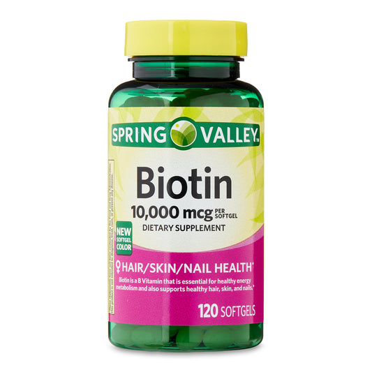 Spring Valley Biotin Hair/Skin/Nails Health Dietary Supplement Softgels, 10,000 Mcg, 120 Count