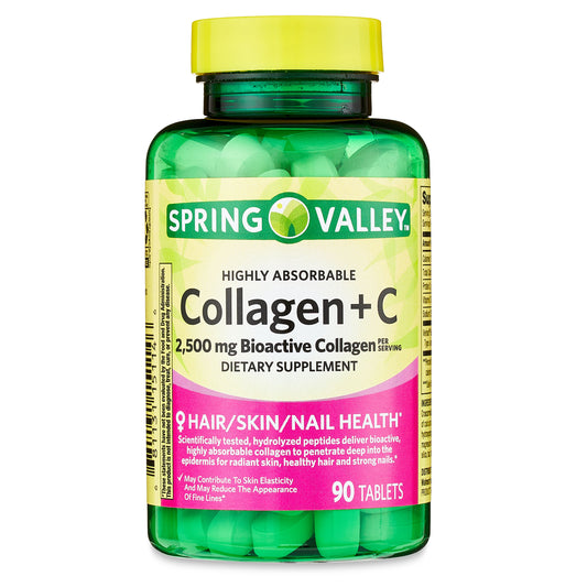 Spring Valley Highly Absorbable Collagen + C Tablets Dietary Supplement, 2,500 mg, 90 Count